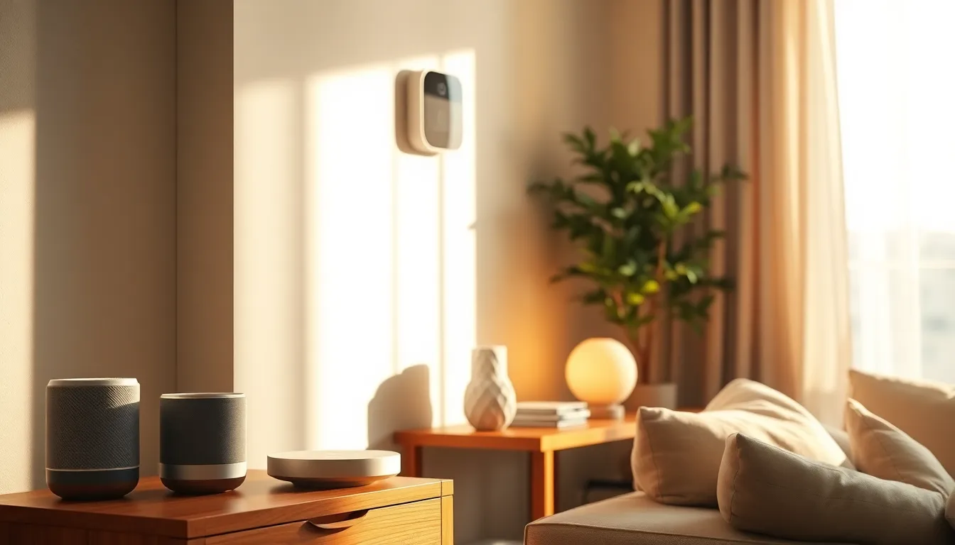 스마트 홈 디바이스로 가득한 깔끔하고 세련된 1인 가구의 거실